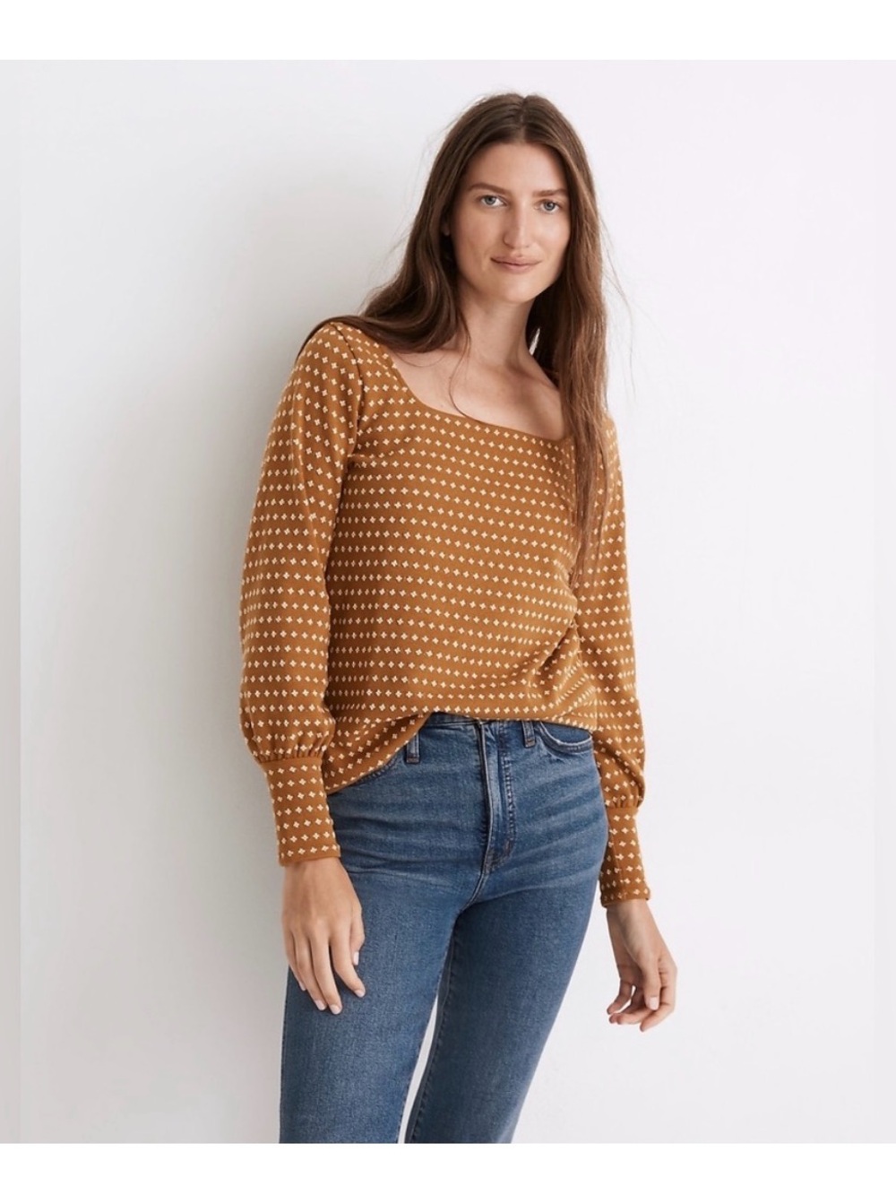 Madewell Brown Scoop Neck Sweater with White Dot Pattern